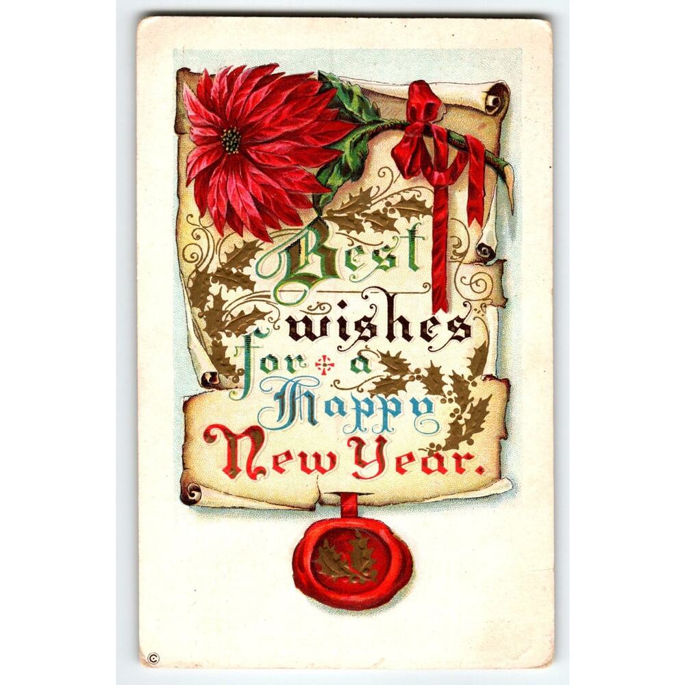 Vintage 1907-1915 Lithograph New Year Postcard Red Poinsettia & Scroll